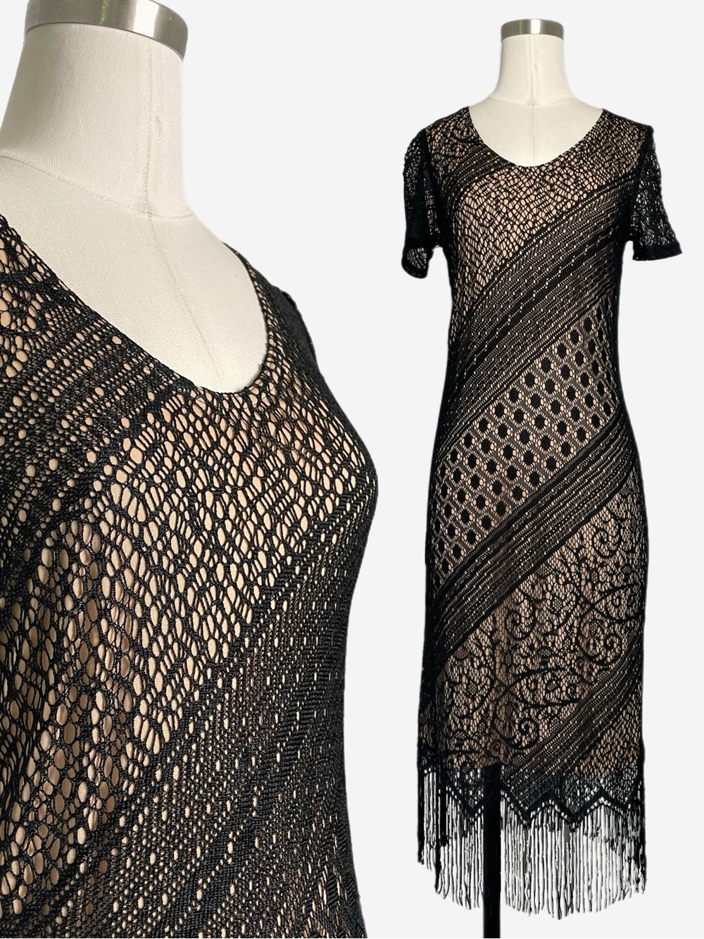 Vintage 90s Harlow black lace crochet fringe midi dress witchy boho western XS/S